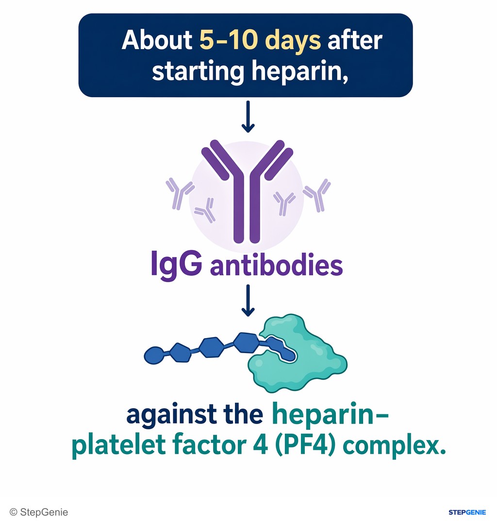 Reasoning step 2: About 5–10 days after starting heparin, some patients form IgG antibodies against the heparin–platelet factor 4 (PF4) complex.