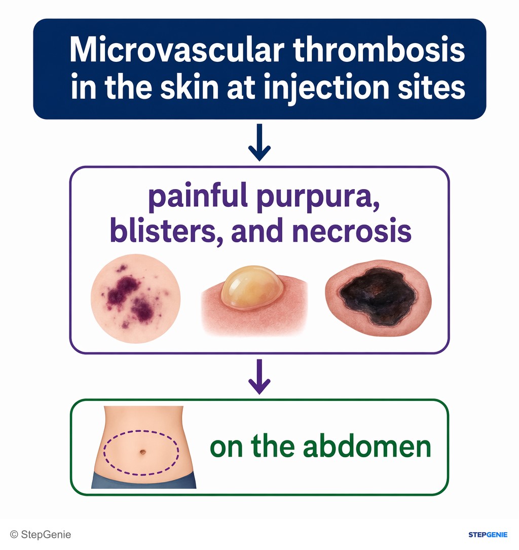 Reasoning step 5: Microvascular thrombosis in the skin at injection sites causes painful purpura, blisters, and necrosis on the abdomen.