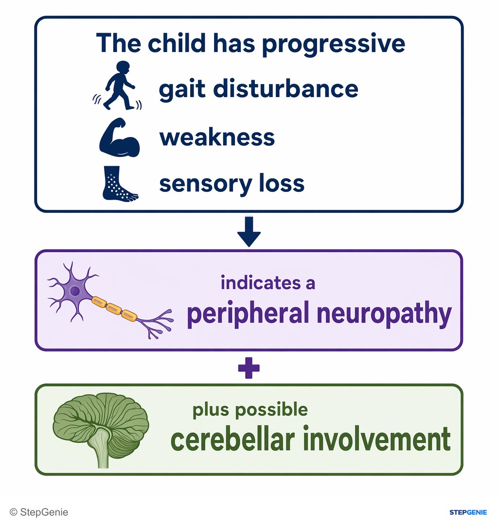 Reasoning step 1: The child has progressive gait disturbance, weakness, and sensory loss → indicates a peripheral neuropathy plus possible cerebellar involvement.