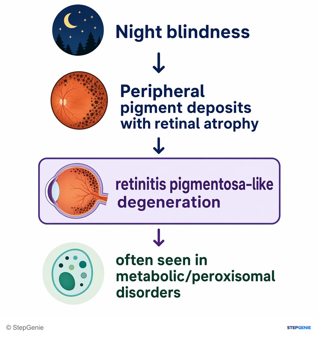 Reasoning step 2: Night blindness and peripheral pigment deposits with retinal atrophy → retinitis pigmentosa–like degeneration, often seen in metabolic/peroxisomal…