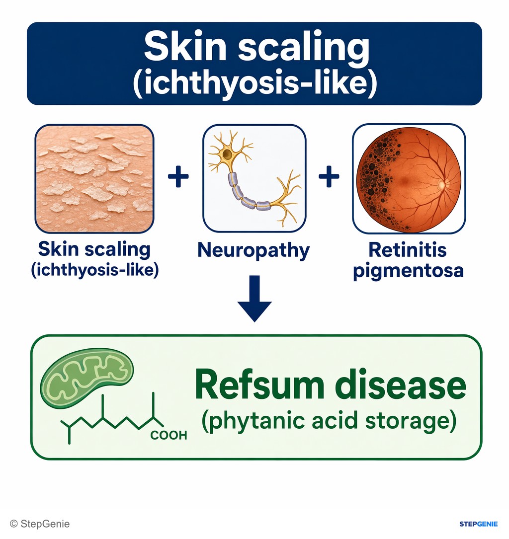Reasoning step 3: Skin scaling (ichthyosis-like) plus neuropathy and retinitis pigmentosa narrows to disorders like Refsum disease (phytanic acid storage).