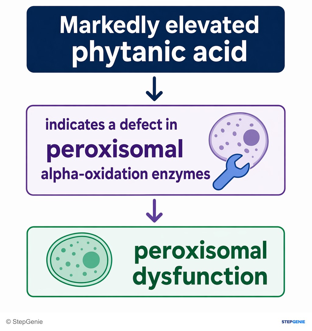 Reasoning step 5: Markedly elevated phytanic acid therefore indicates a defect in peroxisomal alpha-oxidation enzymes → peroxisomal dysfunction.
