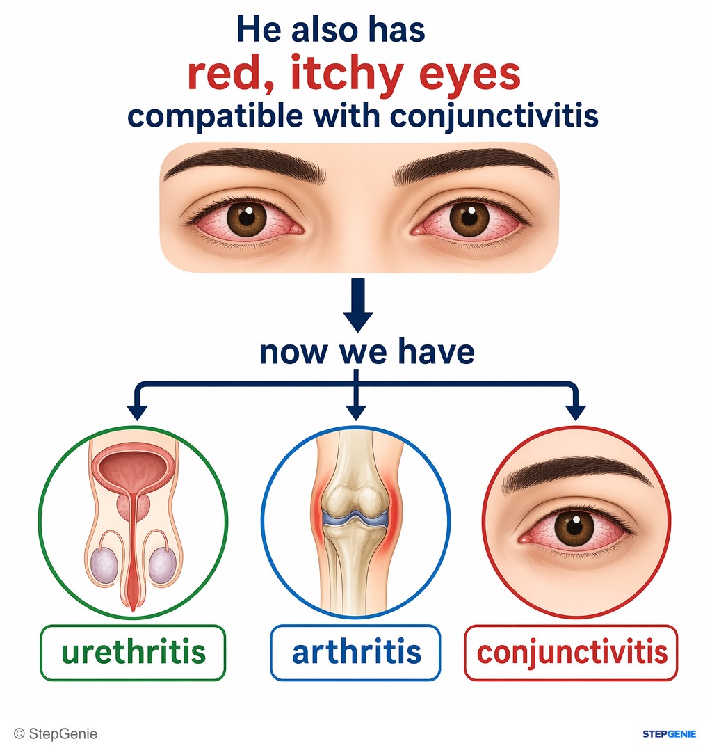 Reasoning step 3: He also has red, itchy eyes compatible with conjunctivitis → now we have urethritis + arthritis + conjunctivitis.