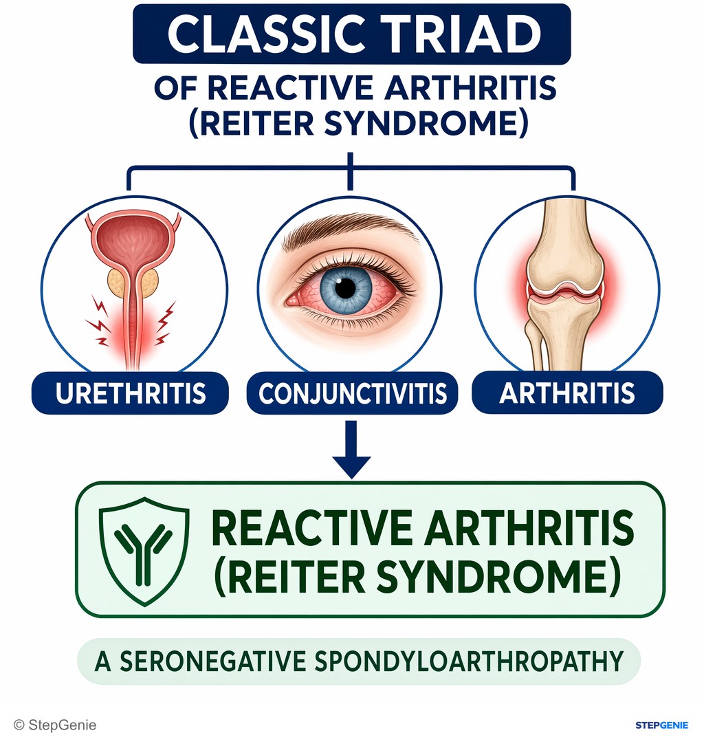 Reasoning step 4: The triad of urethritis, conjunctivitis, and arthritis is classic for reactive arthritis (Reiter syndrome), a seronegative spondyloarthropathy.