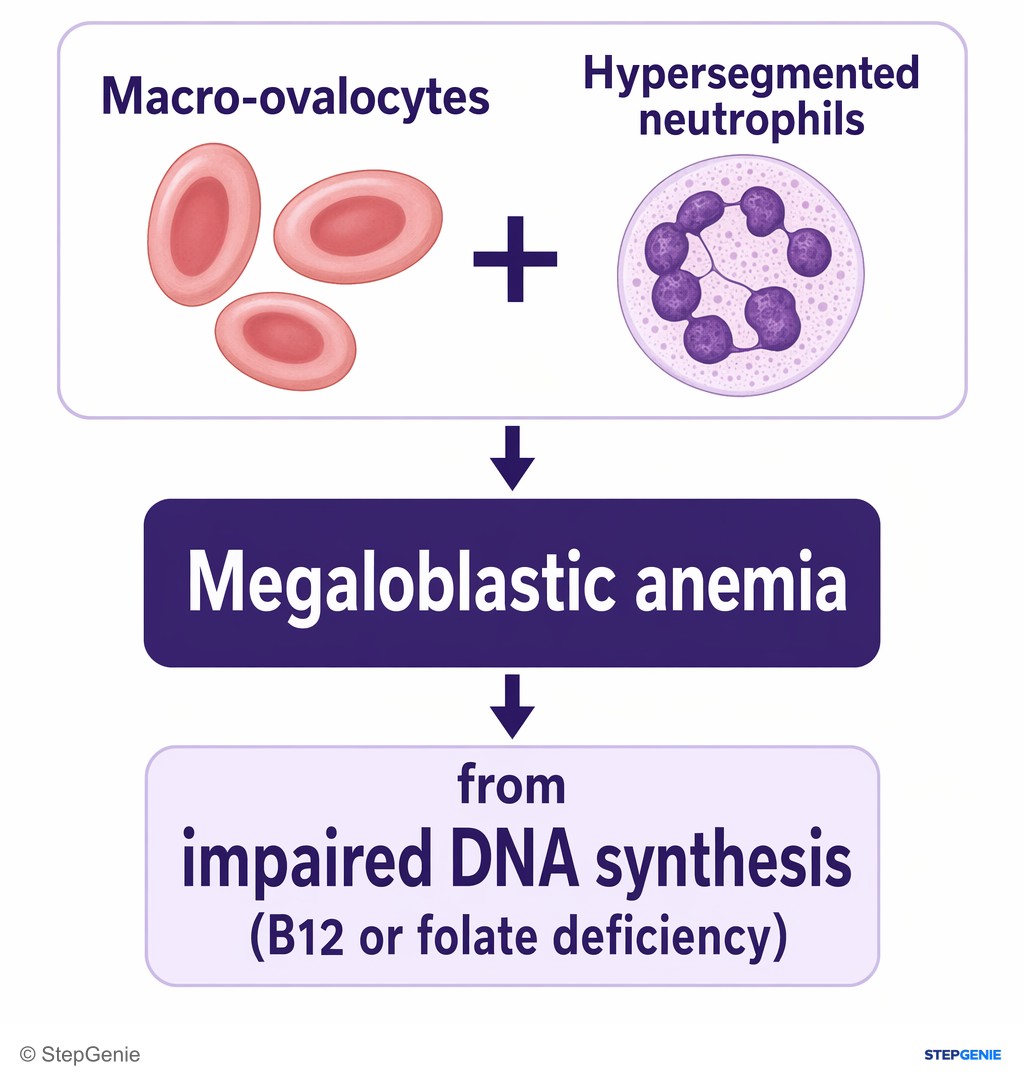 Reasoning step 1: Macro-ovalocytes and hypersegmented neutrophils indicate a megaloblastic anemia from impaired DNA synthesis (B12 or folate deficiency).