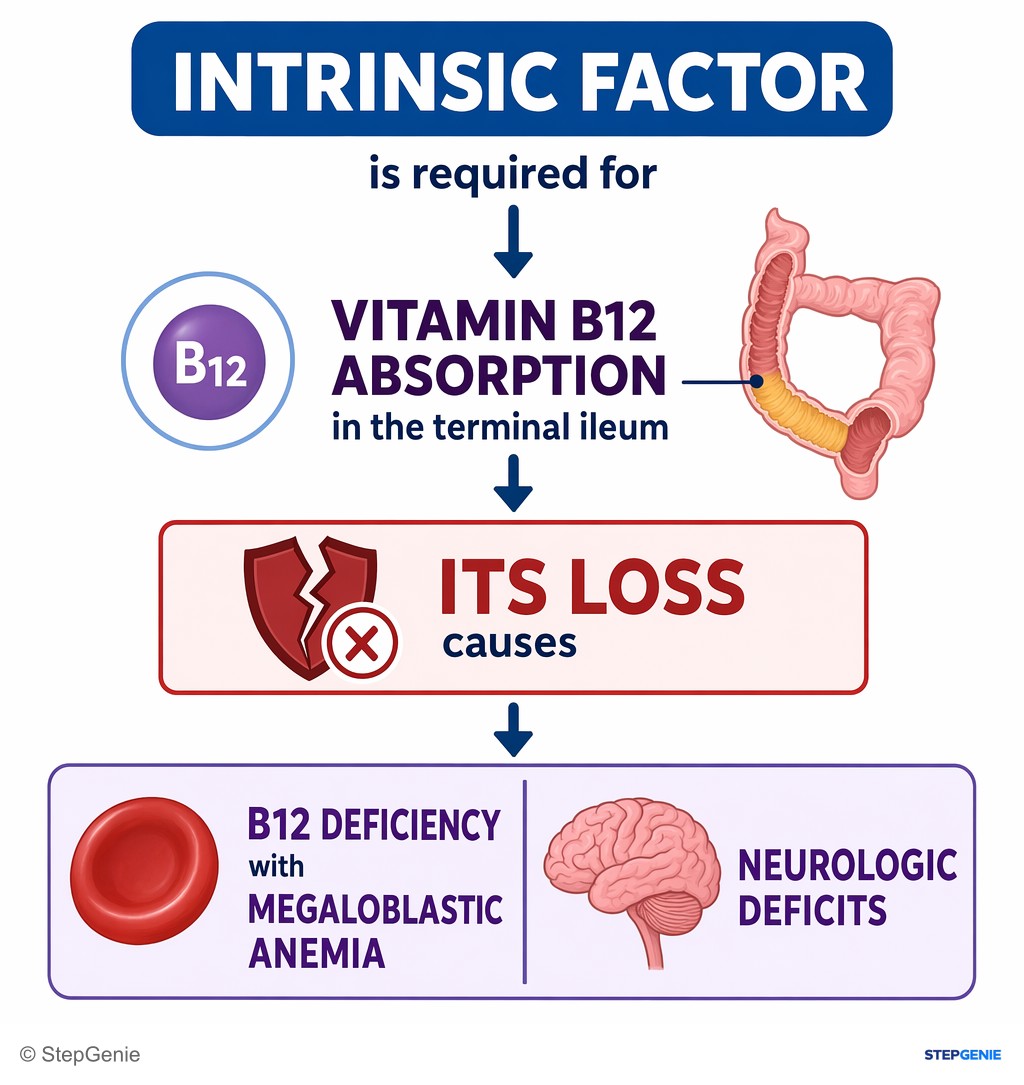 Reasoning step 5: Intrinsic factor is required for vitamin B12 absorption in the terminal ileum; its loss causes B12 deficiency with megaloblastic anemia and…