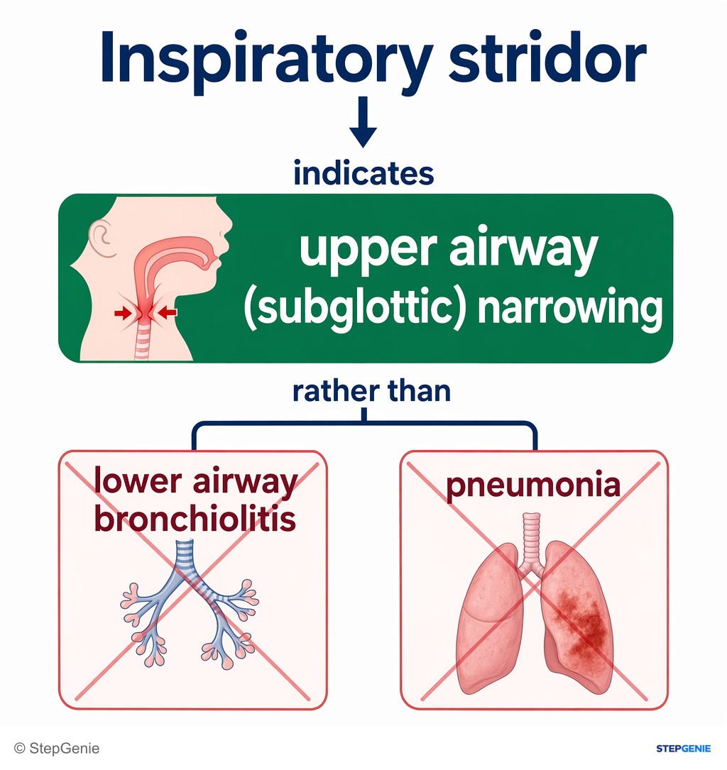 Reasoning step 3: Inspiratory stridor indicates upper airway (subglottic) narrowing rather than lower airway bronchiolitis or pneumonia.