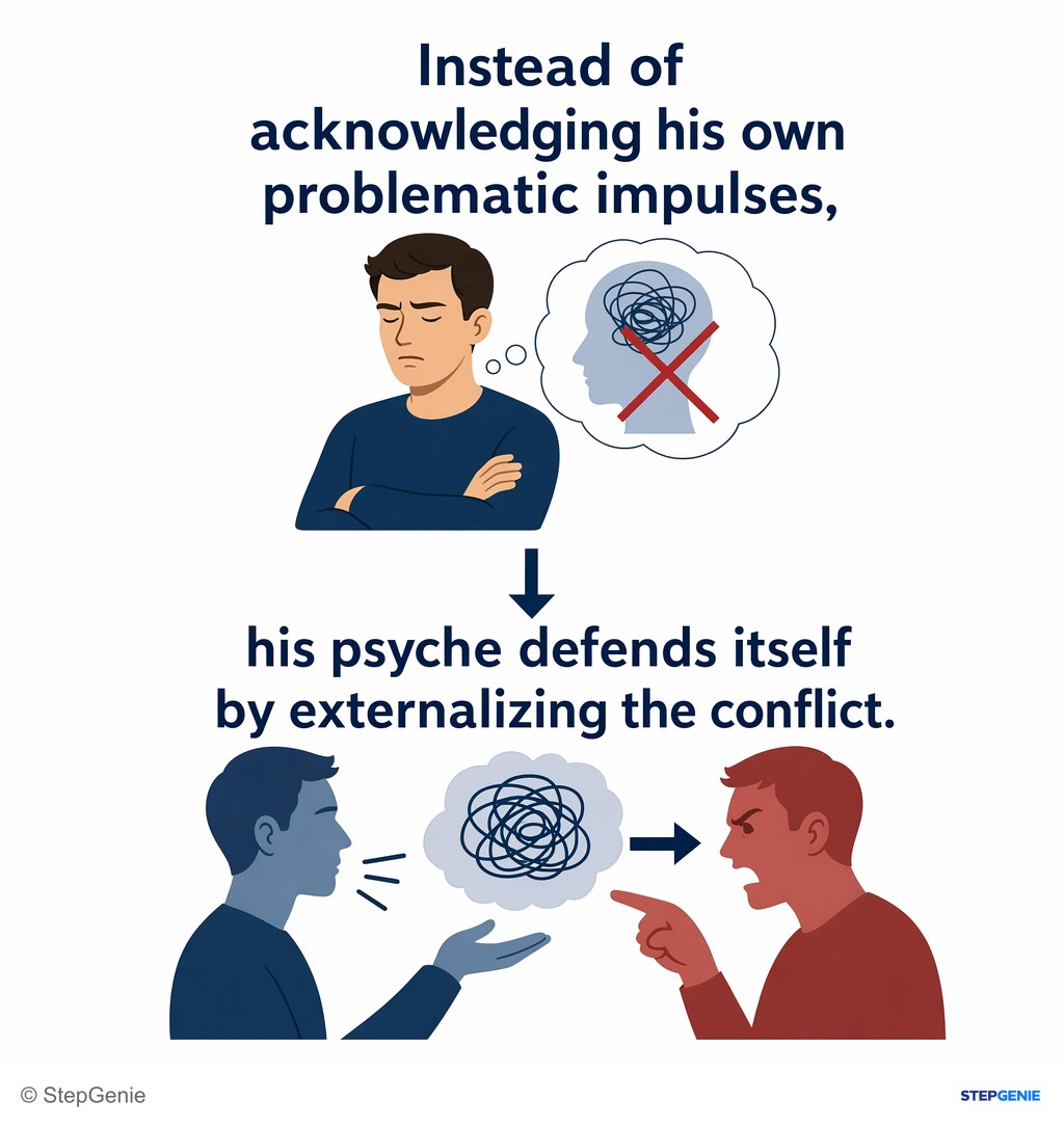 Reasoning step 2: Instead of acknowledging his own problematic impulses, his psyche defends itself by externalizing the conflict.