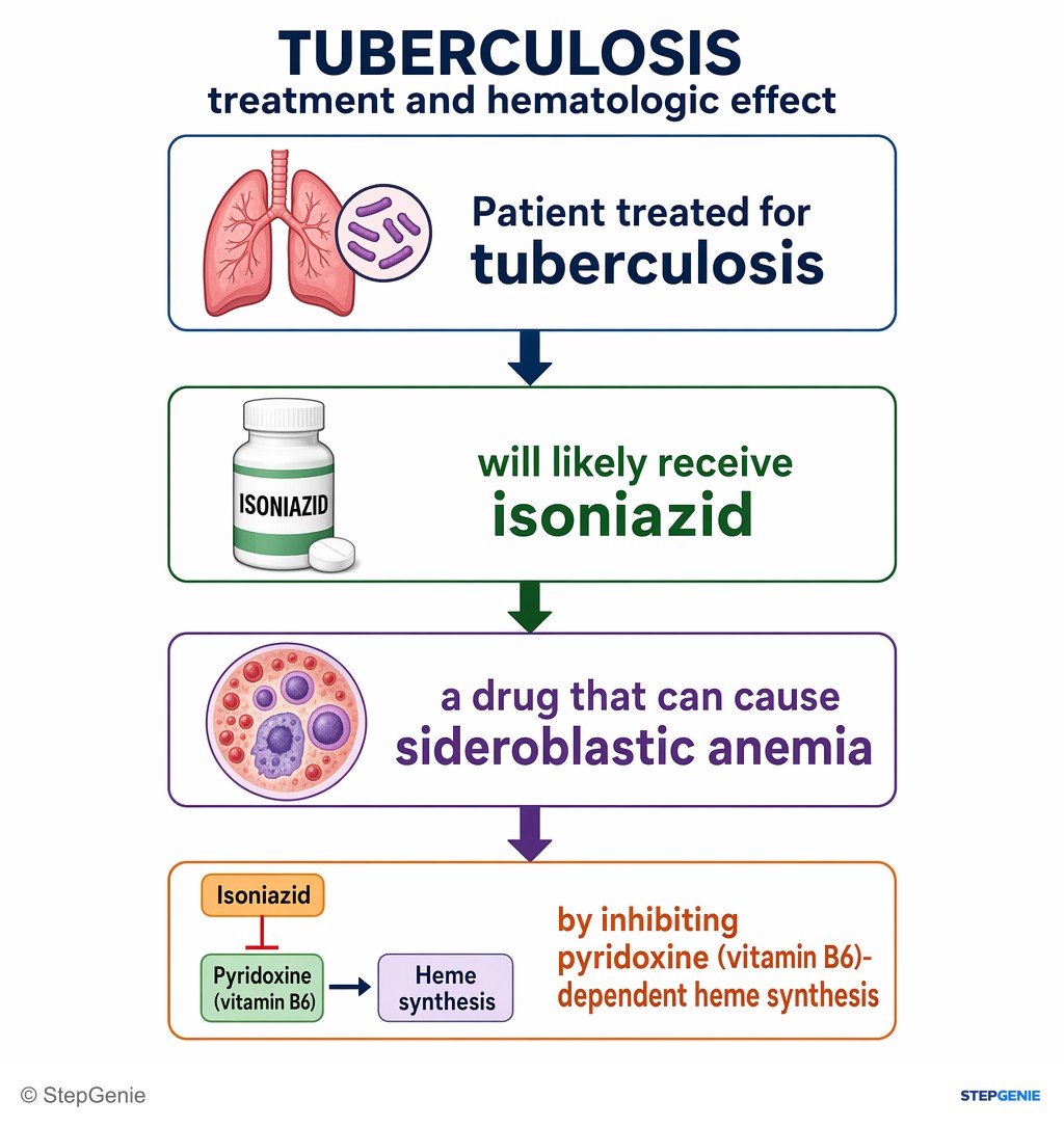 Reasoning step 1: Patient treated for tuberculosis will likely receive isoniazid, a drug that can cause sideroblastic anemia by inhibiting pyridoxine (vitamin…