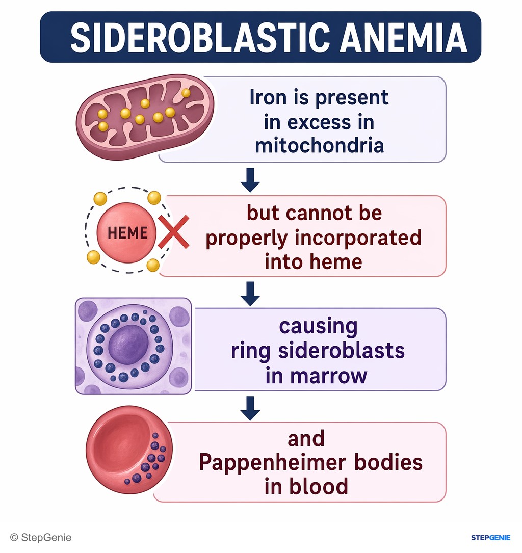Reasoning step 3: In sideroblastic anemia, iron is present in excess in mitochondria but cannot be properly incorporated into heme, causing ring sideroblasts in…