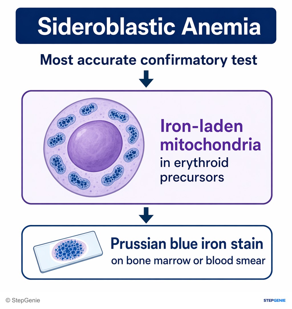 Reasoning step 4: The most accurate confirmatory test for sideroblastic anemia is identifying iron-laden mitochondria in erythroid precursors with Prussian blue iron…