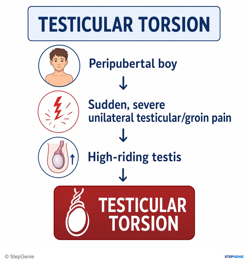 Reasoning step 1: Peripubertal boy with sudden, severe unilateral testicular/groin pain and high-riding testis strongly suggests testicular torsion.
