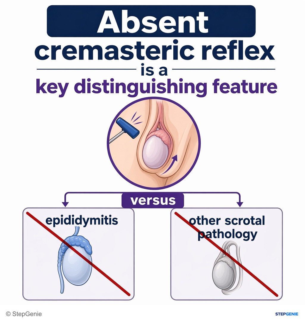 Reasoning step 2: Absent cremasteric reflex is a key distinguishing feature of testicular torsion versus epididymitis or other scrotal pathology.