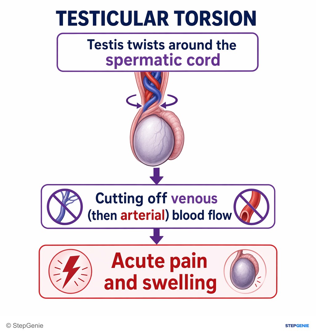 Reasoning step 3: In testicular torsion, the testis twists around the spermatic cord, cutting off venous (then arterial) blood flow → acute pain and swelling.