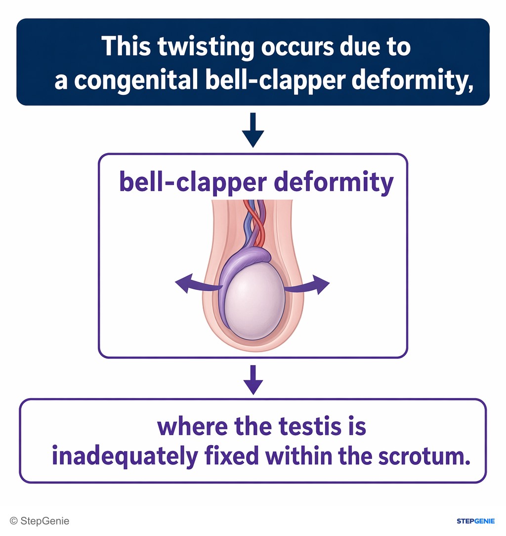 Reasoning step 4: This twisting occurs due to a congenital bell-clapper deformity, where the testis is inadequately fixed within the scrotum.