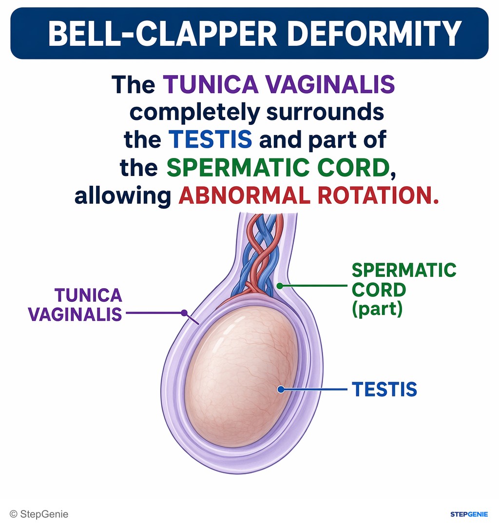 Reasoning step 5: In the bell-clapper deformity, the tunica vaginalis completely surrounds the testis and part of the spermatic cord, allowing abnormal rotation.