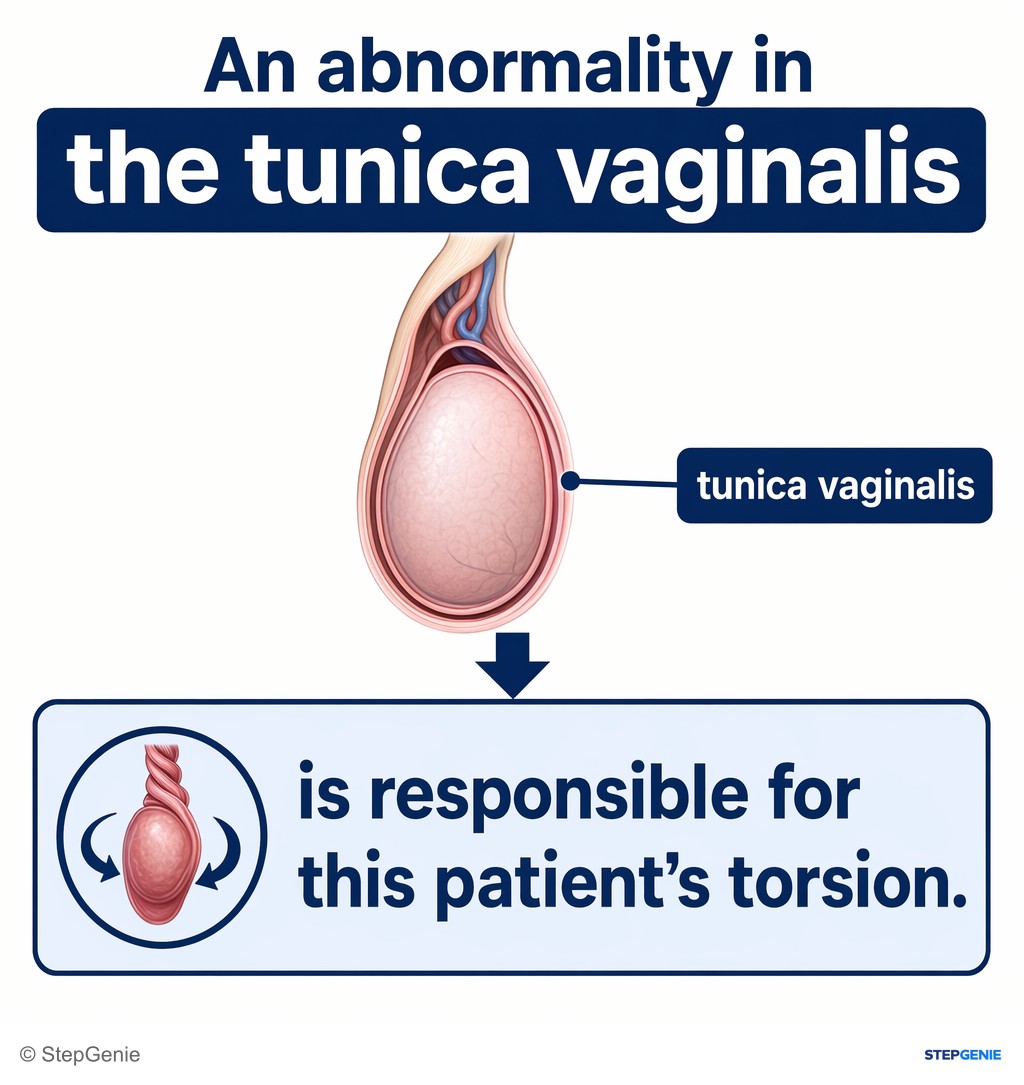 Reasoning step 6: Therefore, an abnormality in the tunica vaginalis is responsible for this patient’s torsion.
