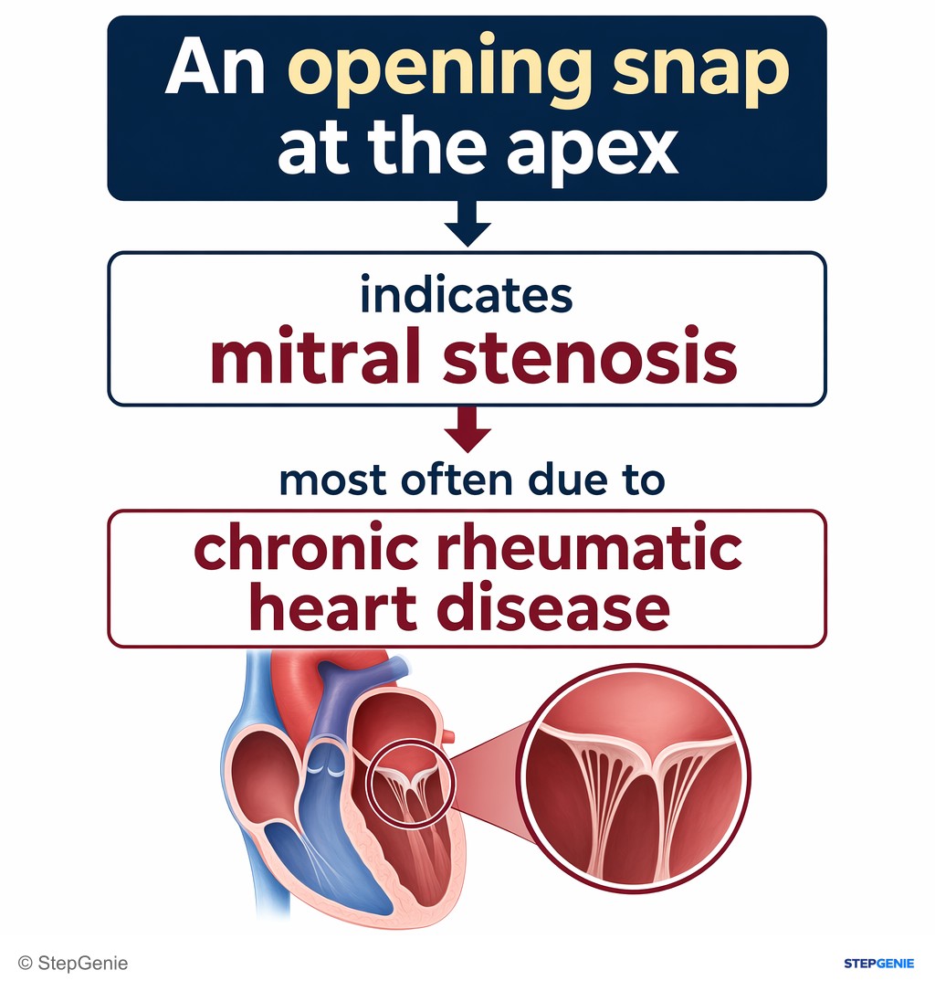 Reasoning step 1: An opening snap at the apex indicates mitral stenosis, most often due to chronic rheumatic heart disease.