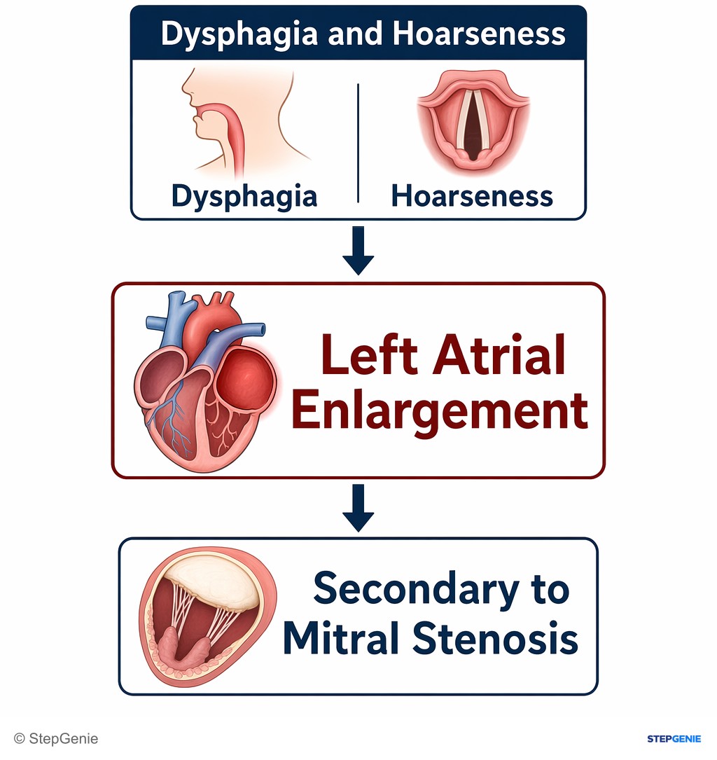 Reasoning step 5: Thus, the patient’s dysphagia and hoarseness are best explained by left atrial enlargement secondary to mitral stenosis.
