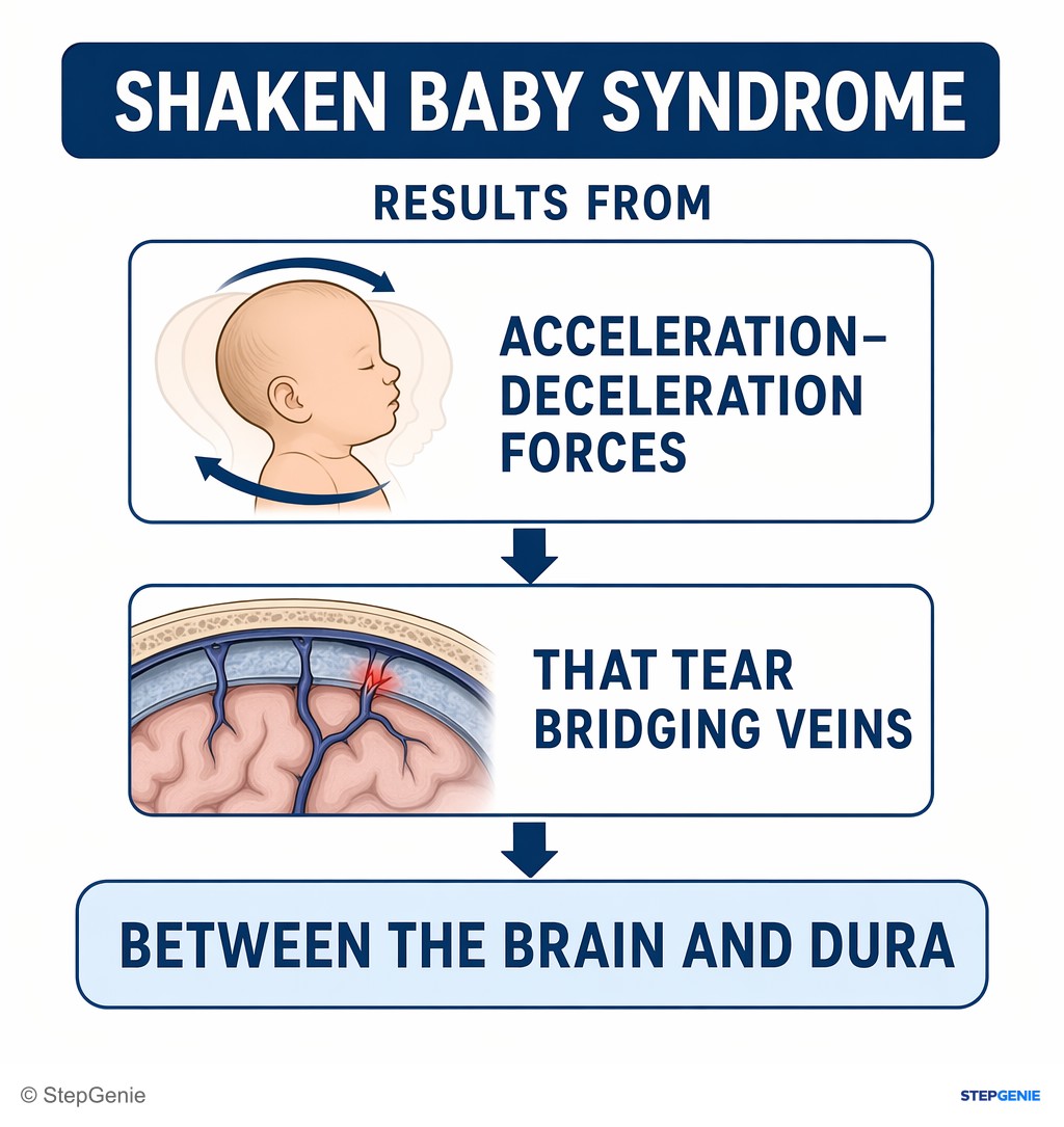 Reasoning step 2: Shaken baby syndrome results from acceleration–deceleration forces that tear bridging veins between the brain and dura.