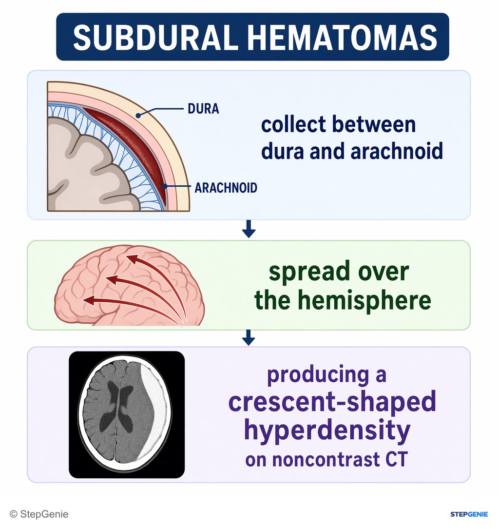 Reasoning step 4: Subdural hematomas collect between dura and arachnoid and spread over the hemisphere, producing a crescent-shaped hyperdensity on noncontrast CT.