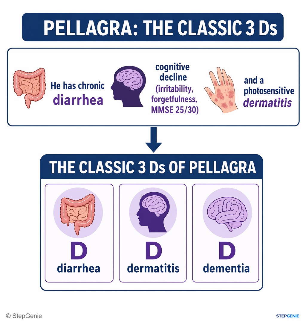 Reasoning step 1: He has chronic diarrhea, cognitive decline (irritability, forgetfulness, MMSE 25/30), and a photosensitive dermatitis → the classic 3 Ds of…
