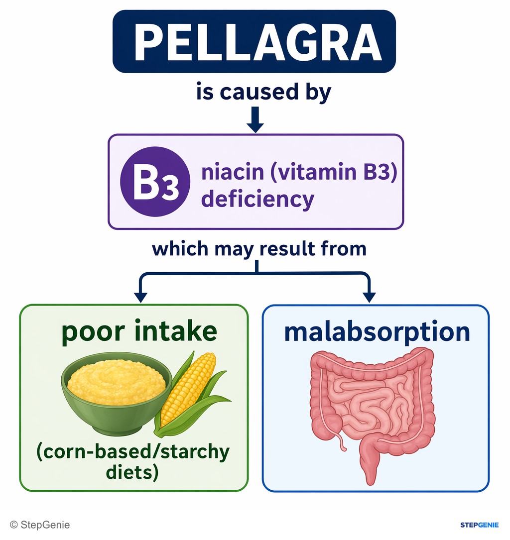 Reasoning step 2: Pellagra is caused by niacin (vitamin B3) deficiency, which may result from poor intake (corn-based/starchy diets) or malabsorption.