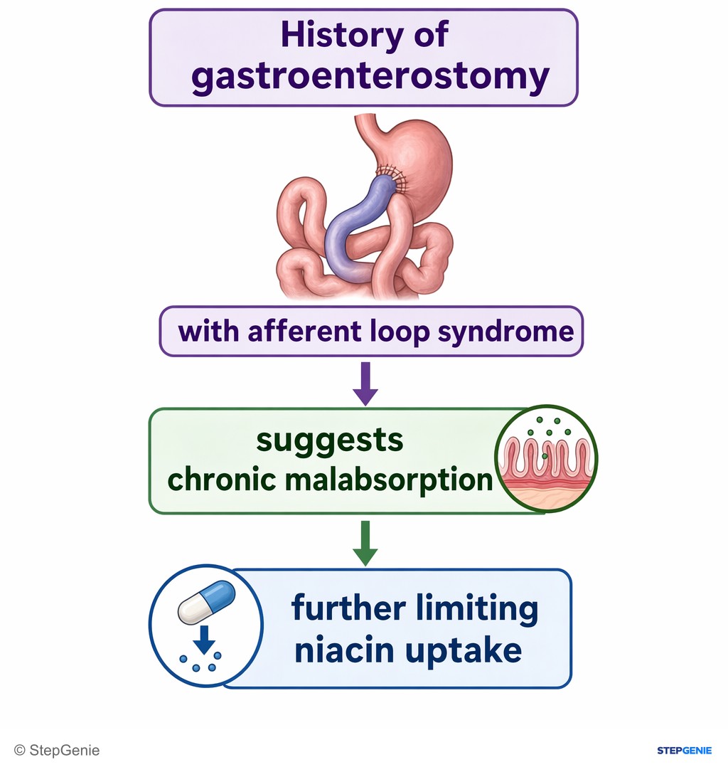 Reasoning step 4: History of gastroenterostomy with afferent loop syndrome suggests chronic malabsorption, further limiting niacin uptake.