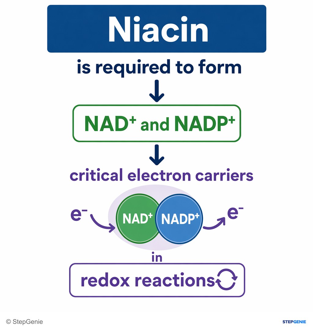 Reasoning step 5: Niacin is required to form NAD+ and NADP+, critical electron carriers in redox reactions.