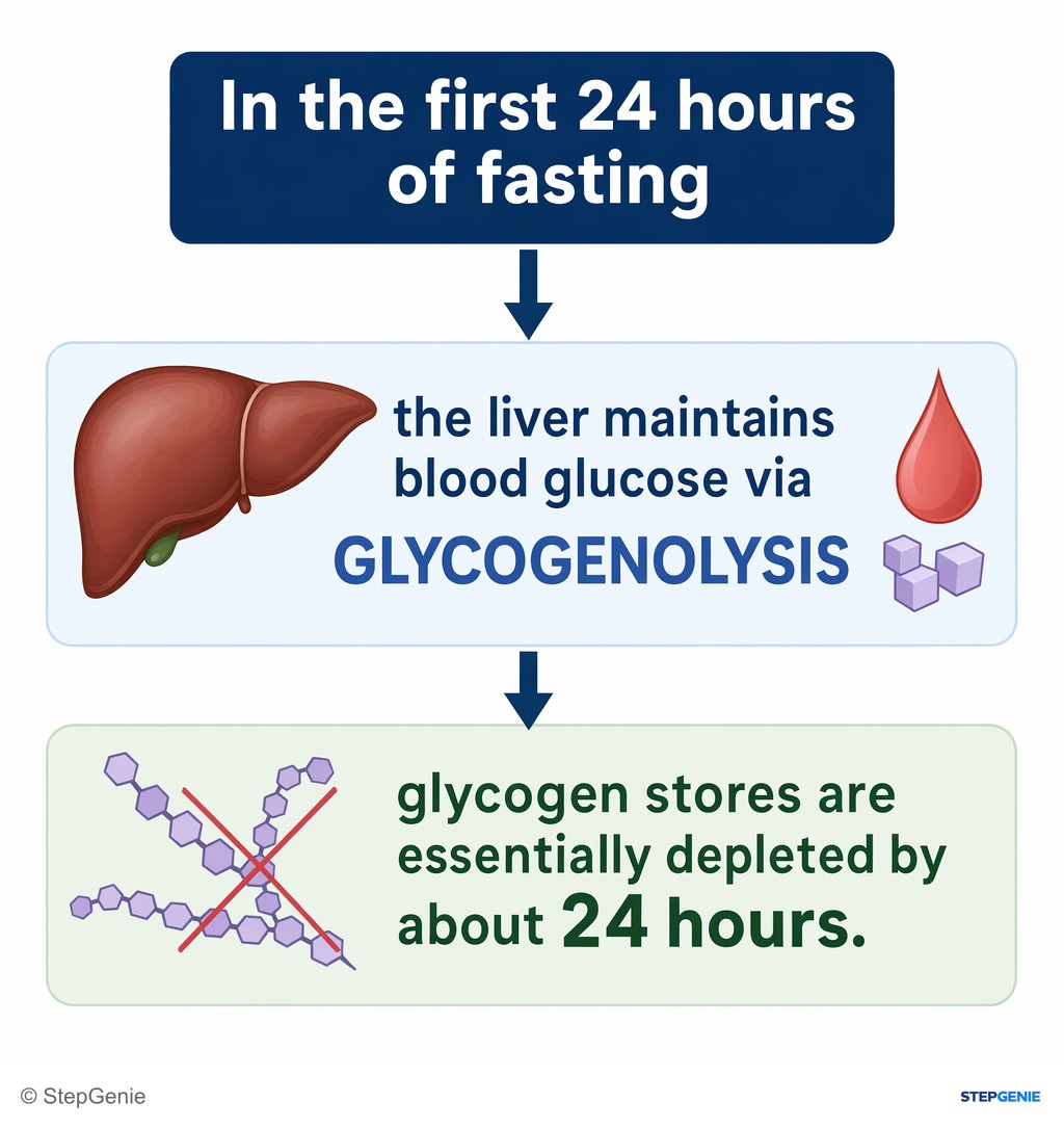 Reasoning step 1: In the first 24 hours of fasting, the liver maintains blood glucose via glycogenolysis; glycogen stores are essentially depleted by about 24 hours.