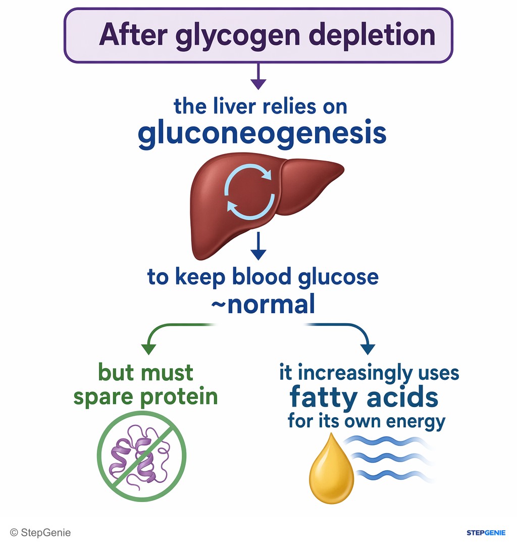 Reasoning step 2: After glycogen depletion, the liver relies on gluconeogenesis to keep blood glucose ~normal but must spare protein; it increasingly uses fatty acids…