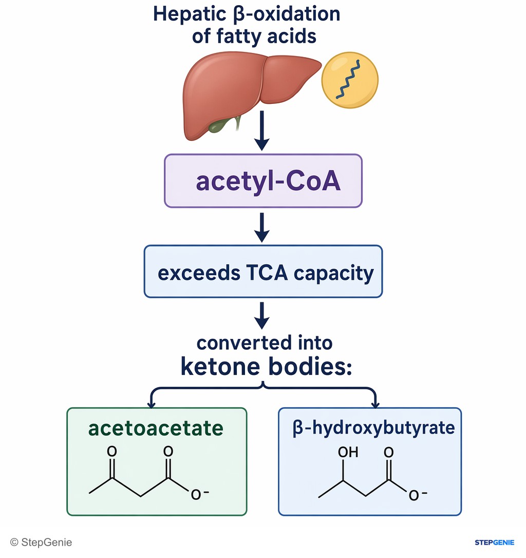 Reasoning step 3: Hepatic β-oxidation of fatty acids produces acetyl-CoA, which exceeds TCA capacity and is converted into ketone bodies: acetoacetate and…