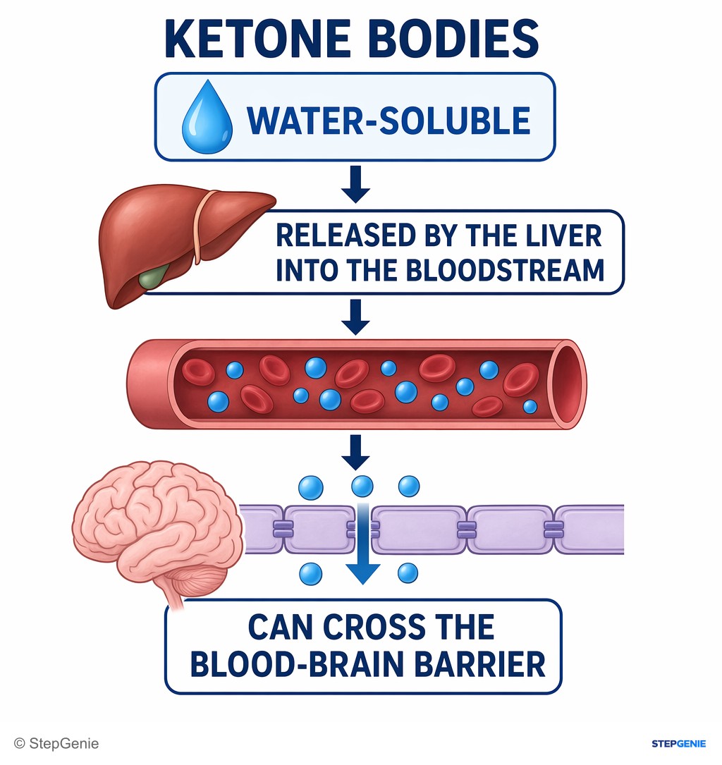 Reasoning step 4: Ketone bodies are water-soluble and are released by the liver into the bloodstream; they can cross the blood-brain barrier.