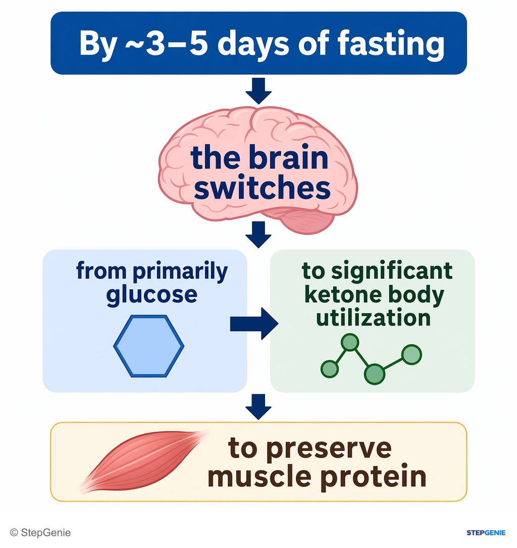 Reasoning step 5: By ~3–5 days of fasting, the brain switches from primarily glucose to significant ketone body utilization to preserve muscle protein.