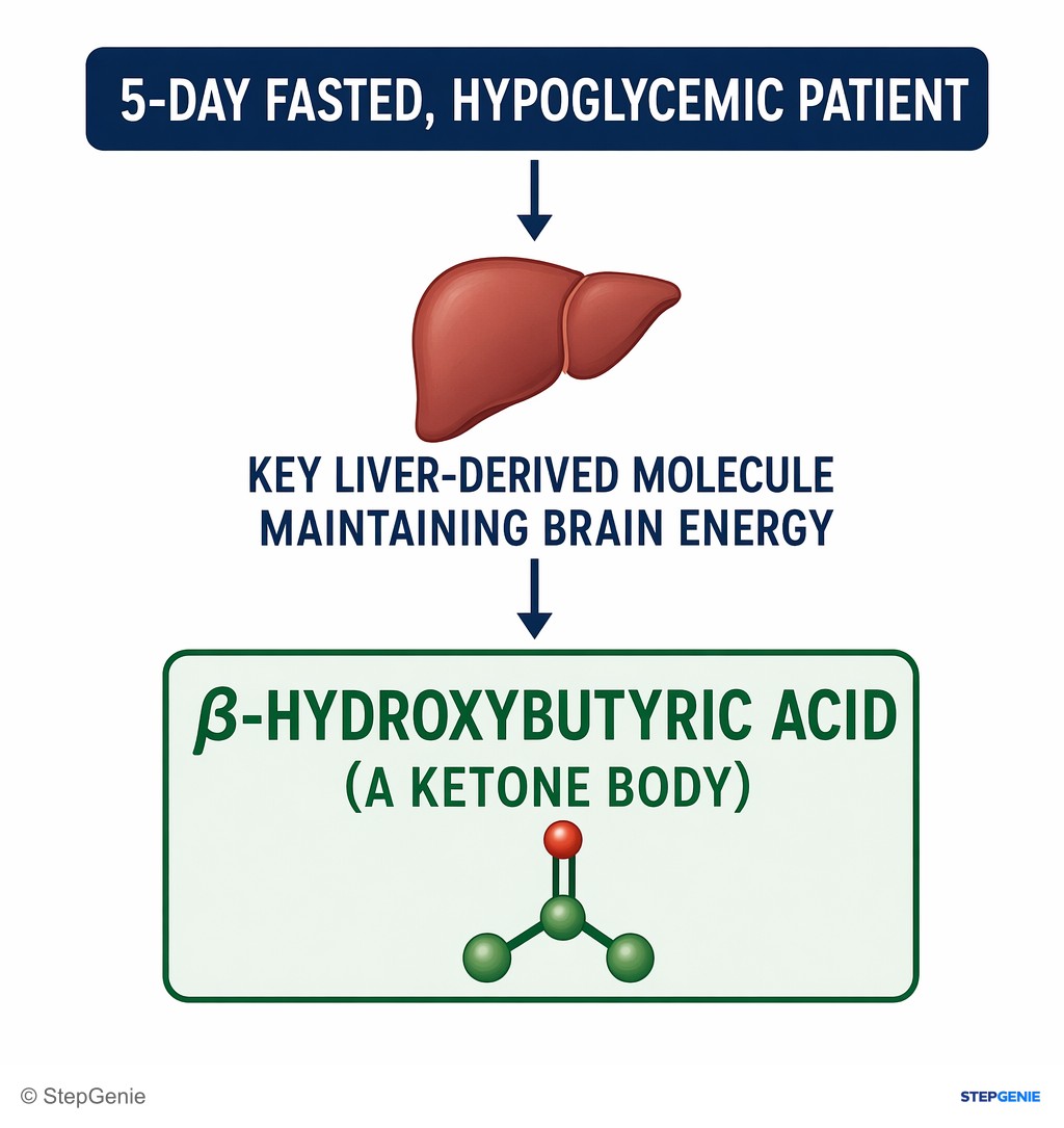 Reasoning step 6: Therefore, in a 5-day fasted, hypoglycemic patient, the key liver-derived molecule maintaining brain energy is β-hydroxybutyric acid (a ketone body).