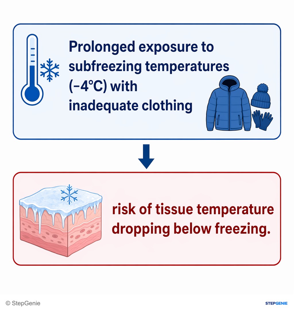 Reasoning step 1: Prolonged exposure to subfreezing temperatures (−4°C) with inadequate clothing → risk of tissue temperature dropping below freezing.