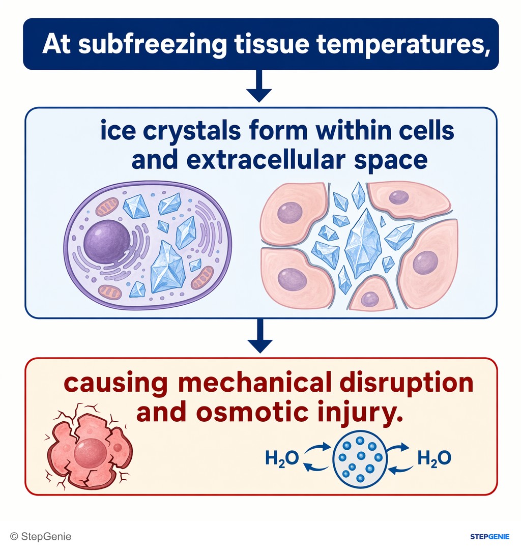 Reasoning step 2: At subfreezing tissue temperatures, ice crystals form within cells and extracellular space, causing mechanical disruption and osmotic injury.