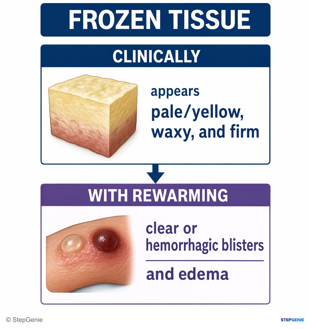 Reasoning step 4: Clinically, frozen tissue appears pale/yellow, waxy, and firm; with rewarming, clear or hemorrhagic blisters and edema develop.