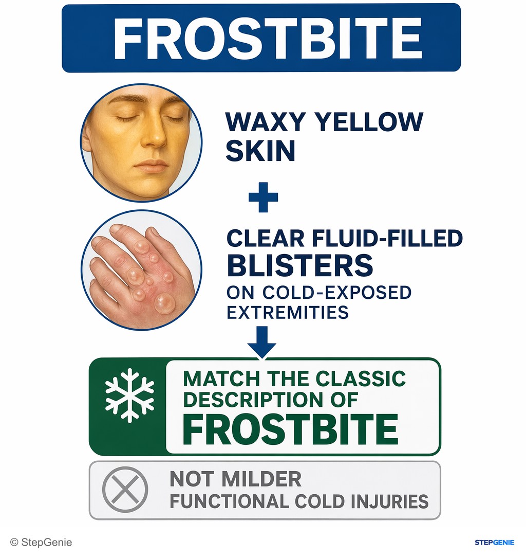 Reasoning step 5: This patient’s waxy yellow skin and clear fluid-filled blisters on cold-exposed extremities match the classic description of frostbite, not milder…