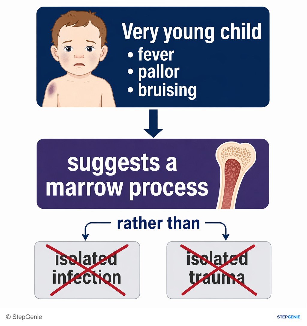 Reasoning step 1: Very young child with fever, pallor, and bruising suggests a marrow process rather than isolated infection or trauma.