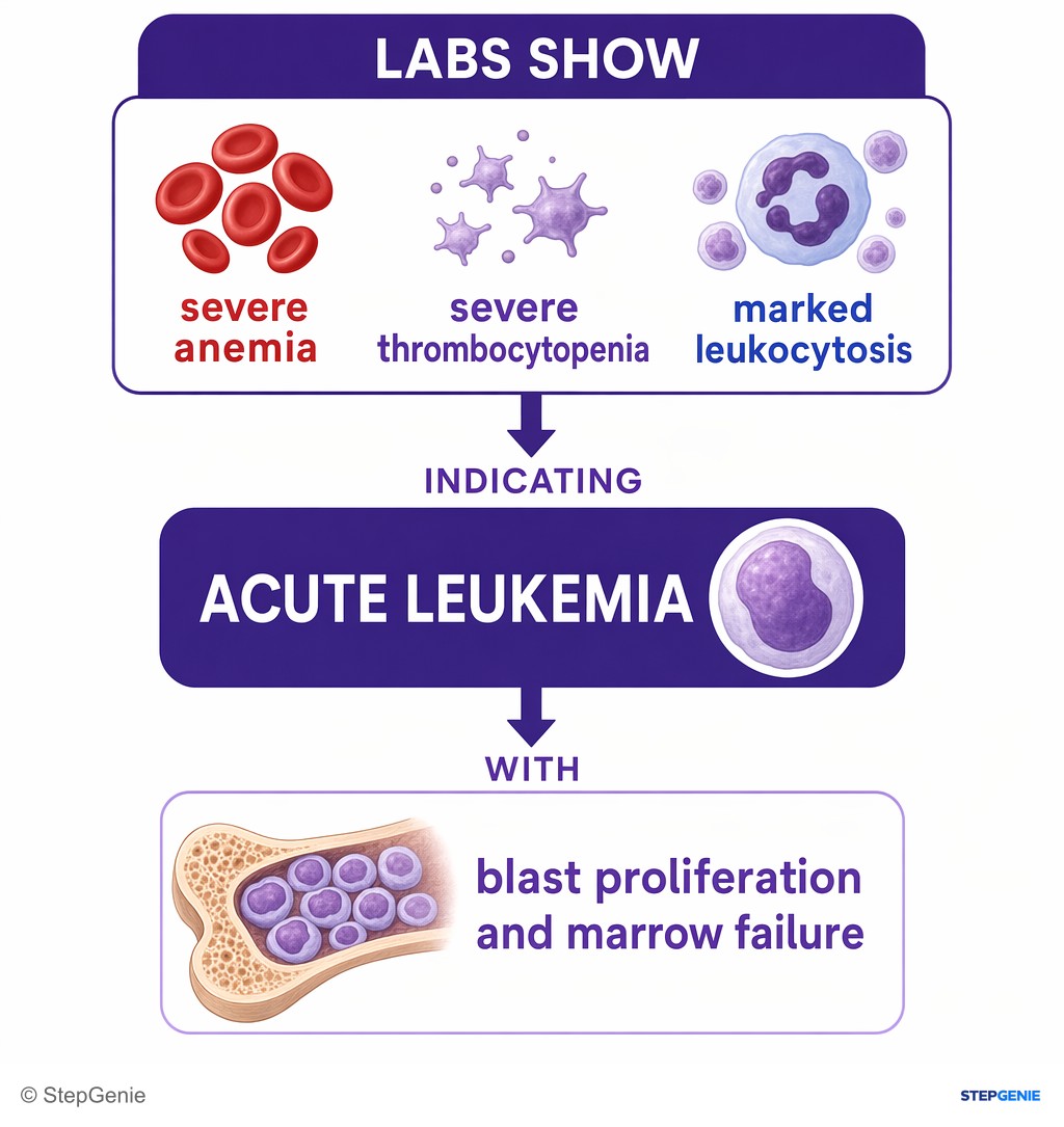 Reasoning step 2: Labs show severe anemia, severe thrombocytopenia, and marked leukocytosis, indicating acute leukemia with blast proliferation and marrow failure.
