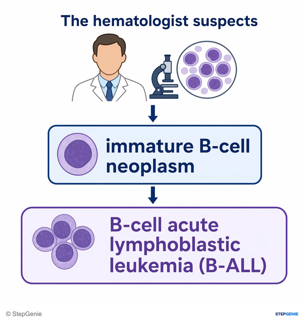 Reasoning step 3: The hematologist suspects immature B-cell neoplasm, specifically B-cell acute lymphoblastic leukemia (B-ALL).