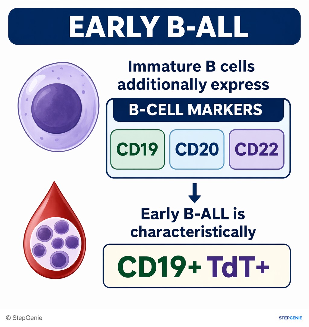 Reasoning step 5: Immature B cells additionally express B-cell markers such as CD19, CD20, CD22; early B-ALL is characteristically CD19+ TdT+.