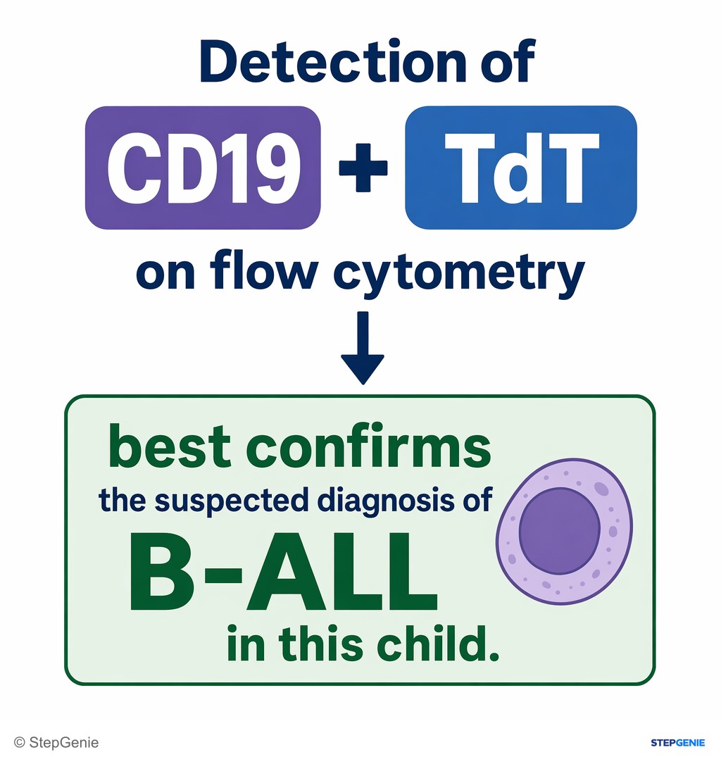 Reasoning step 6: Therefore, detection of CD19 and TdT on flow cytometry best confirms the suspected diagnosis of B-ALL in this child.