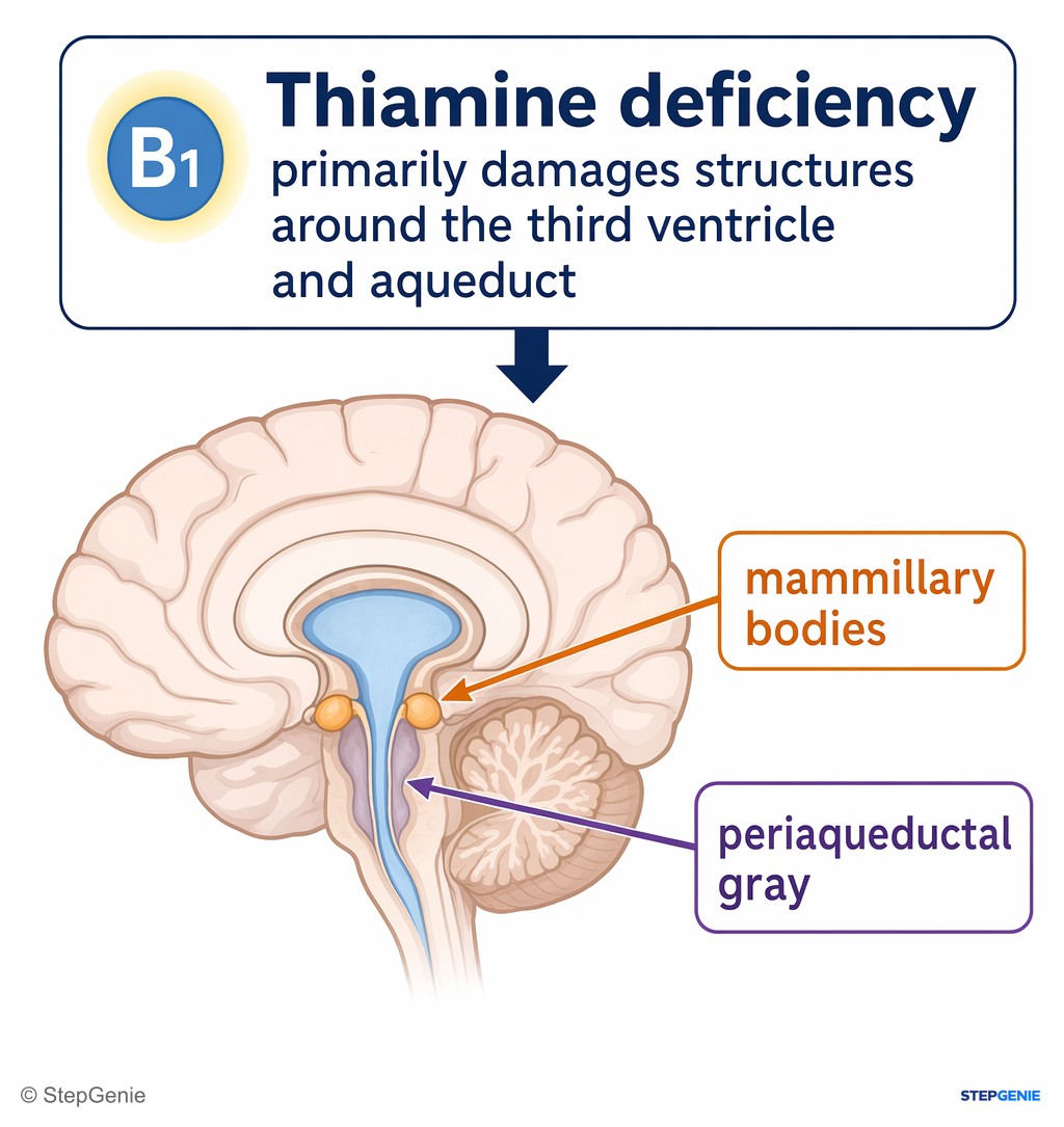 Reasoning step 2: Thiamine deficiency primarily damages structures around the third ventricle and aqueduct, especially the mammillary bodies and periaqueductal gray.