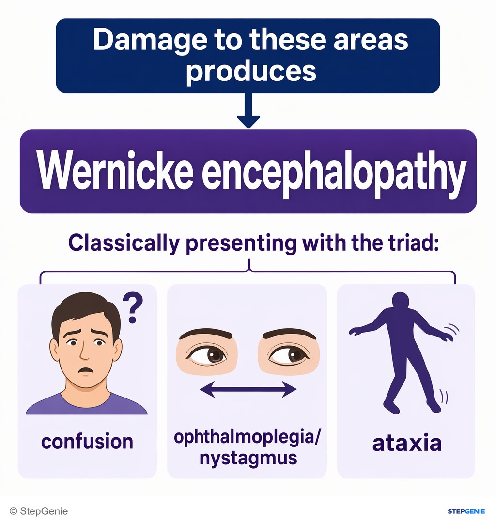 Reasoning step 3: Damage to these areas produces Wernicke encephalopathy, classically presenting with the triad: confusion, ophthalmoplegia/nystagmus, and ataxia.