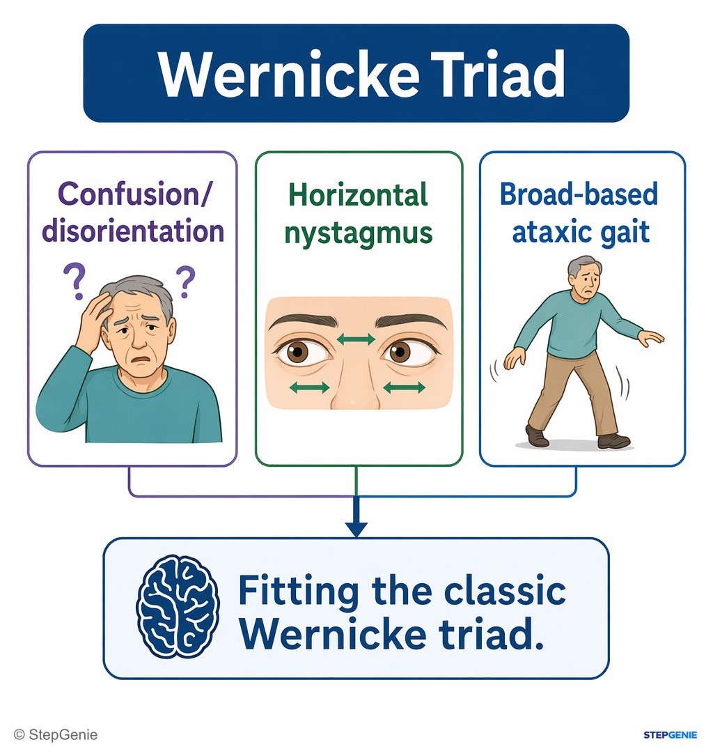 Reasoning step 4: This patient has confusion/disorientation, horizontal nystagmus, and broad-based ataxic gait, fitting the classic Wernicke triad.