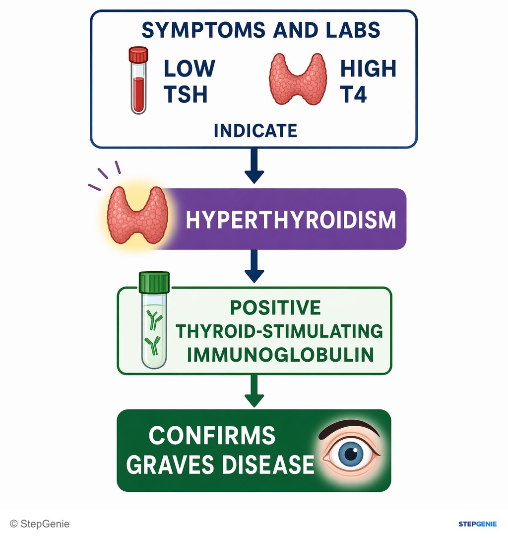 Reasoning step 1: Symptoms and labs (low TSH, high T4) indicate hyperthyroidism, and positive thyroid-stimulating immunoglobulin confirms Graves disease.