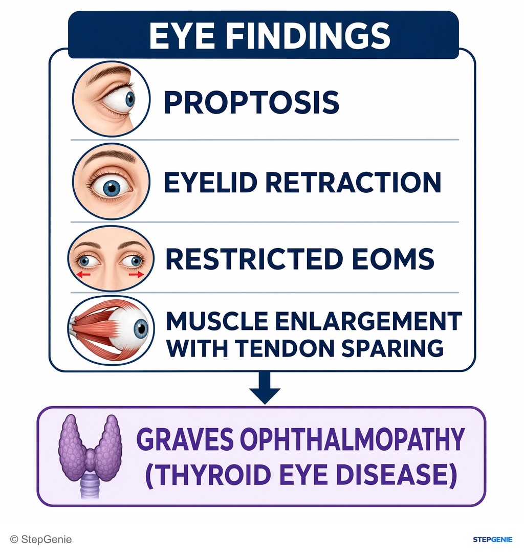 Reasoning step 2: Eye findings (proptosis, eyelid retraction, restricted EOMs, muscle enlargement with tendon sparing) define Graves ophthalmopathy (thyroid eye…