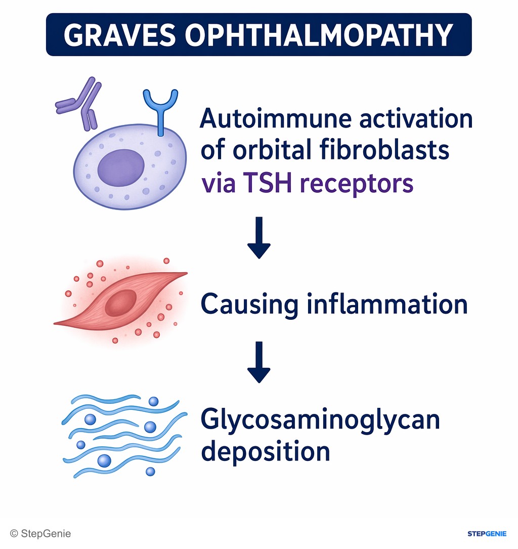 Reasoning step 3: Graves ophthalmopathy is due to autoimmune activation of orbital fibroblasts via TSH receptors, causing inflammation and glycosaminoglycan deposition.